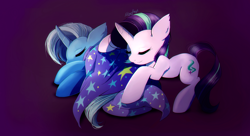 Size: 1500x815 | Tagged: safe, artist:skyeypony, character:starlight glimmer, character:trixie, species:pony, species:unicorn, ship:startrix, eyes closed, female, lesbian, shipping, sleeping