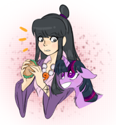 Size: 568x609 | Tagged: source needed, safe, artist:zigragirl, character:twilight sparkle, character:twilight sparkle (alicorn), species:alicorn, species:human, species:pony, ace attorney, big grin, burger, digital art, female, floppy ears, food, grin, heart eyes, mare, maya fey, smiling, twilight burgkle, wingding eyes