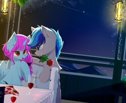 Size: 1600x1300 | Tagged: safe, artist:heddopen, oc, species:alicorn, species:pegasus, species:pony, alcohol, chair, female, flower, glass, lantern, male, mountain, night, rose, scenery, shooting star, stars, table, wine, wine glass