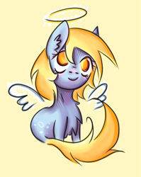 Size: 2383x2993 | Tagged: safe, artist:coco-drillo, character:derpy hooves, species:pegasus, species:pony, angel, blue fur, blushing, chest fluff, chibi, colourful, cute, ear fluff, female, food, halo, looking at you, muffin, solo, yellow eyes, yellow mane