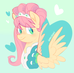 Size: 1744x1725 | Tagged: safe, artist:waackery, character:fluttershy, species:pegasus, species:pony, episode:green isn't your color, g4, my little pony: friendship is magic, alternate hairstyle, bust, clothing, female, looking sideways, mare, modelshy, portrait, solo, spread wings, three quarter view, wings