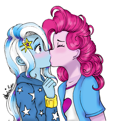 Size: 1300x1387 | Tagged: safe, artist:starwantrix, character:pinkie pie, character:trixie, ship:trixiepie, my little pony:equestria girls, anime, blushing, cute, diatrixes, eyes closed, female, kissing, lesbian, shipping, signature, simple background, white background