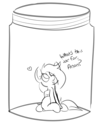 Size: 938x1054 | Tagged: safe, artist:nevaylin, oc, oc:nevaylin, species:pegasus, species:pony, cute, dialogue, female, heart, imminent cumshot, implied anon, jar, lewd container meme, looking up, mare, meme, micro, monochrome, no pupils, ocbetes, open mouth, sitting, sketch, smiling, smol, solo, this will not end well