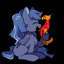 Size: 590x590 | Tagged: safe, artist:snowillusory, character:philomena, character:princess luna, species:alicorn, species:phoenix, species:pony, black background, cute, eyes closed, simple background, smiling