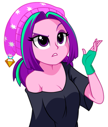 Size: 795x937 | Tagged: safe, artist:rosemile mulberry, derpibooru original, character:aria blaze, my little pony:equestria girls, beanie, breasts, cleavage, clothing, female, fingerless gloves, gloves, hat, looking up, off shoulder, simple background, solo, white background