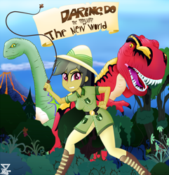 Size: 2000x2072 | Tagged: safe, artist:theretroart88, character:daring do, my little pony:equestria girls, clothing, cover, dinosaur, female, hat, prehistoric, sauropod, scenery, tyrannosaurus rex, volcano, whip