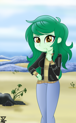 Size: 1500x2442 | Tagged: safe, artist:theretroart88, character:wallflower blush, g4, my little pony: equestria girls, my little pony:equestria girls, beach, clothing, cute, female, flowerbetes, jacket, leather jacket, looking at you, messy hair, ocean, plants, rock, sand, sky, smiling, smiling at you, water