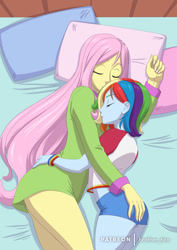 Size: 848x1200 | Tagged: safe, artist:brother-tico, character:fluttershy, character:rainbow dash, ship:flutterdash, my little pony:equestria girls, butt touch, cuddling, cute, female, hand on butt, lesbian, shipping, sleeping