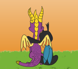 Size: 3380x3000 | Tagged: safe, artist:rainbowbacon, oc, oc:steel crescent, species:changeling, species:dragon, changeling oc, crossover, daily dose of pony cuteness, interspecies love, requested art, shipping, spyro the dragon, sunset