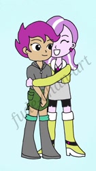 Size: 733x1304 | Tagged: safe, artist:fude-chan-art, character:diamond tiara, character:scootaloo, species:pegasus, species:pony, my little pony:equestria girls, boots, clothing, cute, cutealoo, diamondbetes, female, hug, lesbian, scootiara, shipping, shoes, shorts, skirt, smiling