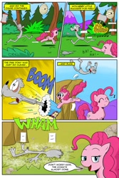 Size: 730x1095 | Tagged: safe, artist:cartoon-eric, character:pinkie pie, oc, oc:fred wolfbane, comic:pink. it's what's for dinner, axe, bee, beehive, chase, cliff, comic, faceplant, fail, fourth wall break, laughing, launch, party cannon, weapon