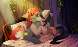 Size: 1600x960 | Tagged: safe, artist:skyeypony, oc, oc only, oc:quillwright, oc:willow wisp, species:pegasus, species:pony, species:unicorn, fallout equestria, bed, blushing, fallout equestria: of shadows, female, kissing, lesbian, shipping