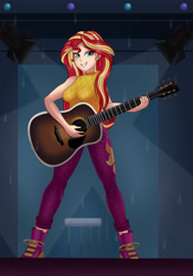 Size: 1786x2551 | Tagged: safe, artist:anonix123, character:sunset shimmer, species:human, episode:let it rain, g4, my little pony: equestria girls, my little pony:equestria girls, spoiler:eqg series (season 2), acoustic guitar, clothing, female, grin, guitar, human coloration, humanized, music video, musical instrument, pants, scene interpretation, smiling, solo