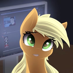 Size: 894x894 | Tagged: safe, artist:posionjoke, character:applejack, species:pony, computer screen, cute, female, freckles, jackabetes, looking at you, mare, solo