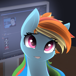 Size: 1024x1024 | Tagged: safe, artist:posionjoke, character:rainbow dash, species:pegasus, species:pony, bust, computer screen, discord (software), female, mare, solo