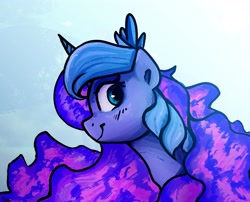 Size: 2731x2202 | Tagged: safe, artist:thefloatingtree, character:princess luna, species:alicorn, species:pony, bust, female, horn, mare, portrait, profile, smiling, solo