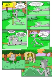 Size: 730x1095 | Tagged: safe, artist:cartoon-eric, character:fluttershy, oc, oc:fred wolfbane, species:pony, comic:pink. it's what's for dinner, bush, comic, fence, flower, fluttershy's cottage, singing, watering can