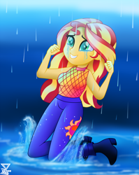 Size: 1700x2134 | Tagged: safe, artist:theretroart88, character:sunset shimmer, episode:let it rain, g4, my little pony: equestria girls, my little pony:equestria girls, spoiler:eqg series (season 2), boots, clothing, female, pants, rain, shoes, sleeveless, teary eyes