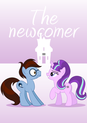 Size: 1102x1559 | Tagged: safe, artist:culu-bluebeaver, character:starlight glimmer, oc, oc:bluehooves, species:earth pony, species:pony, species:unicorn, comic:the newcomer, comic cover, equal cutie mark, equal town, explicit series, female, glasses, glimmooves, house, male, mare, s5 starlight, simple background, smiling, stallion, sweat