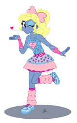 Size: 3853x6102 | Tagged: safe, artist:metaldudepl666, oc, oc:azure/sapphire, my little pony:equestria girls, 80's style, bow, crossdressing, digital art, fake breasts, femboy, floating heart, hair bow, heart, leg warmers, looking at you, male, one eye closed, ribbon, shoes, signature, sneakers, wig, wink
