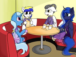 Size: 2834x2125 | Tagged: safe, artist:jubyskylines, character:princess luna, character:trixie, oc, oc:cloudy mane, oc:juby skylines, species:pony, clothing, date, diner, dress
