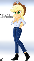Size: 2000x3509 | Tagged: safe, artist:theretroart88, character:applejack, species:human, my little pony:equestria girls, beautiful, boots, breasts, busty applejack, calvin klein, cleavage, clothing, cowboy hat, cowgirl, dress shirt, female, freckles, green eyes, hat, high res, jackabetes, jeans, looking at you, movie accurate, open clothes, pants, shoes, solo, stetson, woman, yellow hair
