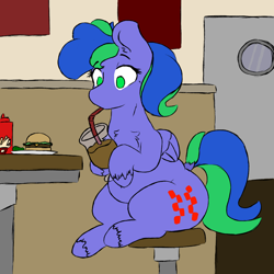 Size: 1080x1080 | Tagged: safe, artist:somefrigginnerd, oc, oc only, oc:felicity stars, species:pegasus, species:pony, series:shake gain, burger, chubby, female, five guys, food, hamburger, ketchup, milkshake, sauce, solo, straw, this will end in weight gain, weight gain, weight gain sequence