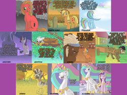Size: 3206x2404 | Tagged: safe, artist:crispokefan, character:applejack, character:chief thunderhooves, character:cranky doodle donkey, character:gilda, character:little strongheart, character:princess cadance, character:princess celestia, character:rainbow dash, character:rarity, character:zecora, oc, oc:pun, species:buffalo, species:donkey, species:griffon, species:pony, species:zebra, ask pun, ask, derp, flower, gravestone, statue