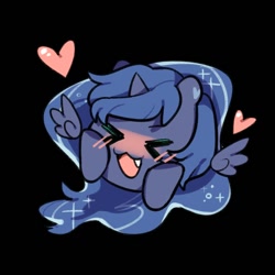 Size: 590x590 | Tagged: safe, artist:snowillusory, character:princess luna, >.<, black background, blushing, chibi, cute, cute little fangs, eyes closed, fangs, floating wings, heart, lunabetes, simple background, wings