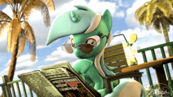 Size: 1920x1080 | Tagged: safe, artist:whiteskyline, character:lyra heartstrings, species:pony, species:unicorn, 3d, animated, aviator glasses, boop, drink, dutch angle, female, glasses, looking at you, mare, newspaper, no sound, ocean, palm tree, signature, solo, source filmmaker, table, tree, watermark, webm