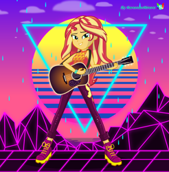 Size: 5000x5073 | Tagged: safe, artist:keronianniroro, character:sunset shimmer, episode:let it rain, g4, my little pony: equestria girls, my little pony:equestria girls, spoiler:eqg series (season 2), 80s, acoustic guitar, boots, clothing, female, guitar, musical instrument, outrun, rain, retrowave, shoes, signature, sleeveless, smiling, solo, sun, synthwave, triangle, vector