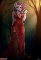 Size: 1400x2048 | Tagged: safe, artist:alicesmitt31, character:rarity, species:anthro, species:pony, absolute cleavage, breasts, busty rarity, cleavage, clothing, dress, female, forest, mare, red dress, side slit, smiling, solo, stockings, thigh highs, total sideslit