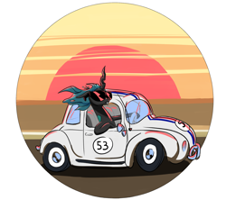 Size: 1800x1600 | Tagged: safe, artist:rocket-lawnchair, character:queen chrysalis, species:changeling, bad pun, car, changeling queen, disney, female, herbie, pun, sunglasses, sunset, the love bug, visual gag, volkswagen beetle