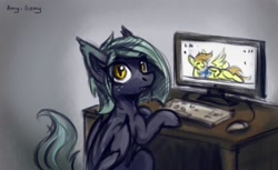 Size: 1280x784 | Tagged: safe, artist:amy-gamy, oc, oc only, oc:lemon squeezy, oc:little mine, species:bat pony, species:pony, bat pony oc, computer, computer mouse, computer screen, desk, keyboard, looking at you, monitor, sitting, slit eyes, wings