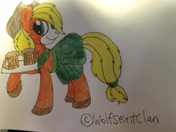 Size: 4032x3024 | Tagged: safe, artist:wolfspiritclan, character:applejack, species:earth pony, species:pony, apple cider (drink), female, next generation, original style, solo, traditional art, waitress