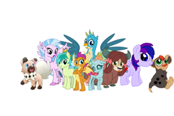 Size: 1095x730 | Tagged: safe, artist:wolfspiritclan, character:gallus, character:ocellus, character:sandbar, character:silverstream, character:smolder, character:yona, oc, oc:adean ruby nights, ponysona, species:changeling, species:classical hippogriff, species:dragon, species:earth pony, species:griffon, species:hippogriff, species:pegasus, species:pony, species:reformed changeling, species:yak, bow, cloven hooves, colored hooves, crossover, dragoness, female, hair bow, headcanon, jewelry, litleo, male, monkey swings, necklace, pokémon, rockruff, simple background, student six, teenager, vector used, white background