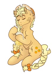 Size: 749x1067 | Tagged: safe, artist:bewarethemusicman, oc, oc only, oc:orangejack, species:earth pony, species:pony, chest fluff, clothing, cowboy hat, cute, ear fluff, ear piercing, earring, eyes closed, female, freckles, hat, hoof hold, jewelry, jug, juice, mare, ocbetes, orange juice, piercing, raised hoof, simple background, sitting, solo, white background