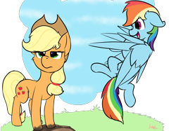 Size: 2834x2125 | Tagged: safe, artist:jubyskylines, character:applejack, character:rainbow dash, species:earth pony, species:pegasus, species:pony, applejack's hat, clothing, cowboy hat, duo, female, grass, hat, laughing, mare, mud, muddy hooves, simple background, sky, transparent background