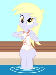 Size: 1536x2048 | Tagged: safe, artist:draymanor57, character:derpy hooves, my little pony:equestria girls, clothing, one-piece swimsuit, show accurate, sitting, swimming pool, swimsuit, swimsuit edit