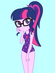 Size: 1536x2048 | Tagged: safe, artist:draymanor57, character:twilight sparkle, character:twilight sparkle (scitwi), species:eqg human, my little pony:equestria girls, blue background, clothing, cute, female, glasses, one-piece swimsuit, ponytail, simple background, solo, swimsuit, swimsuit edit, twiabetes