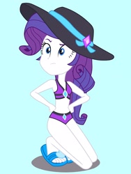 Size: 1536x2048 | Tagged: safe, artist:draymanor57, character:rarity, my little pony:equestria girls, belly button, bikini, clothing, feet, female, flip-flops, hat, heel pop, sandals, solo, swimsuit, swimsuit edit