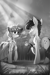 Size: 1346x2043 | Tagged: safe, artist:ramiras, character:lyra heartstrings, oc, oc:morning dew, species:earth pony, species:pony, species:unicorn, fanfic:background pony, clothing, dress, fanfic art, female, flower, male, monochrome, rose, straight