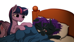 Size: 1920x1080 | Tagged: safe, artist:vasillium, character:twilight sparkle, character:twilight sparkle (alicorn), oc, oc:nox (rule 63), oc:nyx, species:alicorn, species:pony, adorable face, adorkable, alicorn oc, bed, bedroom, bedsheets, blanket, brother, brother and sister, closed mouth, colt, cute, cutie mark, daughter, diabetes, dork, eyelashes, eyes closed, eyes open, family, female, filly, happy, heartwarming, horn, indoors, like mother like daughter, like mother like son, looking, lying down, lying on bed, male, mare, mother, mother and daughter, mother and son, motherly love, nostrils, nyxabetes, on back, one hoof raised, open mouth, parent and child, parent and foal, pillow, ponidox, prince, princess, prone, r63 paradox, royalty, rule 63, rule63betes, self paradox, self ponidox, siblings, simple background, sister, sleeping, sleeping together, sleepy, smiling, snoring, son, stars, sweet, tired, transparent background, tucking in, twins, wall of tags, wings, yawn