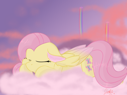 Size: 2834x2125 | Tagged: safe, artist:jubyskylines, character:fluttershy, species:pegasus, species:pony, cloud, colored wings, colored wingtips, cute, eyes closed, female, floppy ears, folded wings, mare, on a cloud, prone, rainbow, shyabetes, sky, sleeping, solo, wings