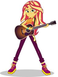 Size: 5000x6580 | Tagged: safe, artist:keronianniroro, character:sunset shimmer, episode:let it rain, g4, my little pony: equestria girls, my little pony:equestria girls, spoiler:eqg series (season 2), absurd resolution, clothing, cute, cutie mark on clothes, female, guitar, musical instrument, pants, simple background, solo, transparent background, vector