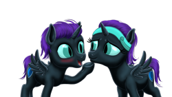 Size: 1920x1080 | Tagged: safe, artist:vasillium, oc, oc only, oc:nox (rule 63), oc:nyx, species:alicorn, species:pony, accessories, adorable face, adorkable, alicorn oc, blushing, brother, brother and sister, closed mouth, clothing, colt, cute, cutie mark, diabetes, dialogue, dork, eyelashes, eyes open, family, female, filly, happy, heart, heartwarming, hoof under chin, horn, lidded eyes, looking, looking at each other, male, moon, nostrils, nyxabetes, oc x oc, one hoof raised, open mouth, ponidox, prince, princess, r63 paradox, romance, romantic, royalty, rule 63, rule63betes, self paradox, self ponidox, selfcest, shield, shipping, sibling bonding, sibling love, siblings, simple background, sister, smiling, standing, talking, transparent background, twins, wall of tags, wings