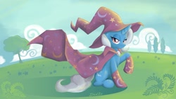 Size: 1280x725 | Tagged: safe, artist:don-ko, character:trixie, species:pony, species:unicorn, cape, clothing, female, hat, lidded eyes, mare, raised hoof, sitting, socks, solo, trixie's cape, trixie's hat