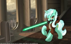 Size: 1680x1050 | Tagged: safe, artist:don-ko, character:lyra heartstrings, species:pony, species:unicorn, clothing, cosplay, crossover, female, jedi, lightsaber, mare, mouth hold, raised hoof, robe, solo, star wars, window