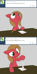 Size: 800x1602 | Tagged: safe, artist:loceri, oc, oc:pun, species:earth pony, species:pony, ask pun, ask, female, mare, paper, pun, solo, visual gag