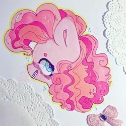 Size: 1080x1080 | Tagged: safe, artist:dollbunnie, character:pinkie pie, species:pony, abstract background, beanbrows, blushing, braces, bust, eyebrows, female, heart, looking at you, mare, profile, solo, stars, traditional art